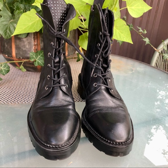 Zara Black Leather Combat Boots with Silver Studded Tongue - Picture 2 of 10
